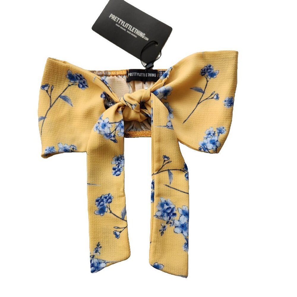 Yellow Floral Printed Bandeau Tie Detail Crop Top by Pretty Little Thing size 2